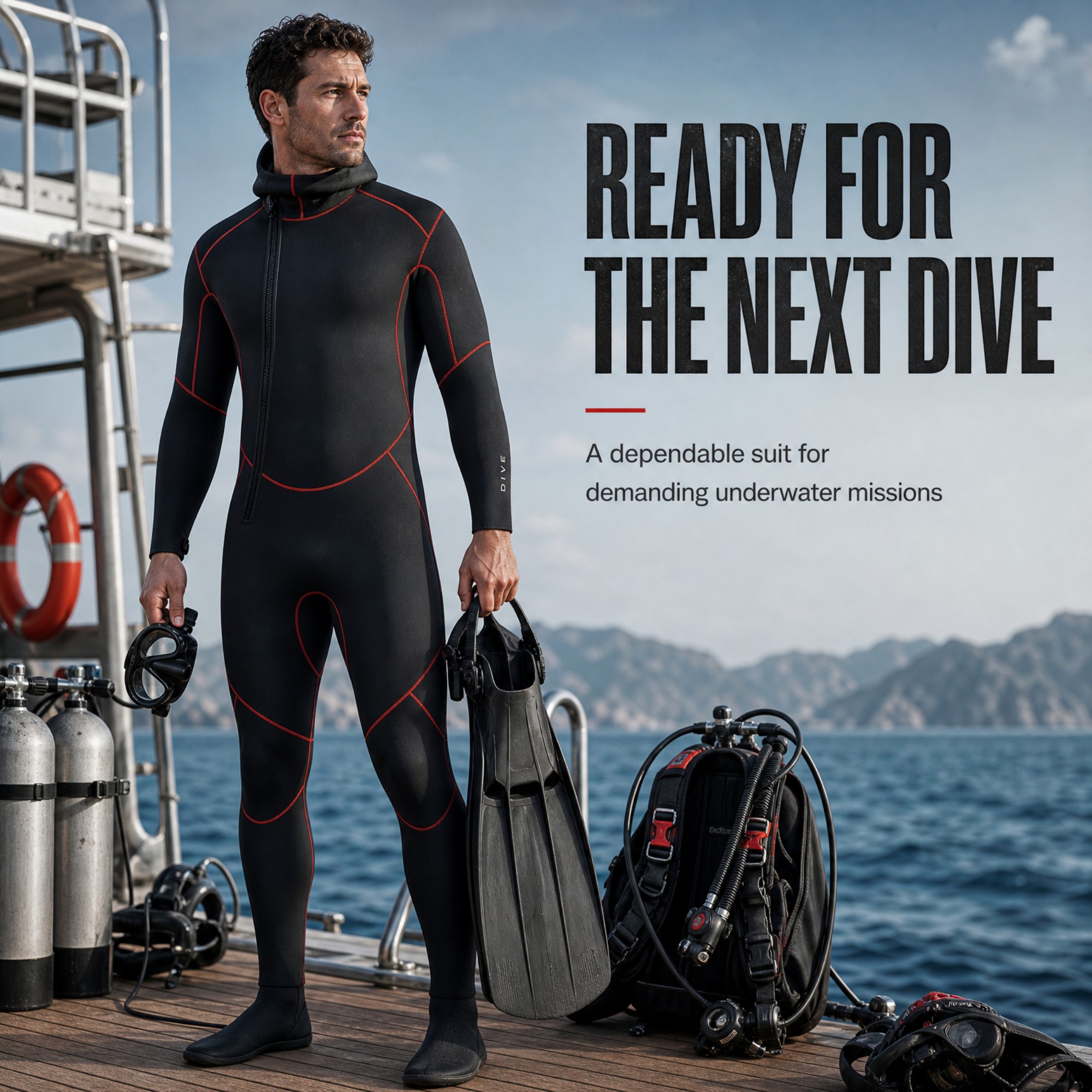Mens 5MM One Piece Front Zip Hooded Wetsuits